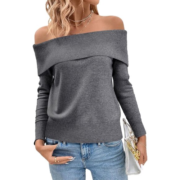 Women's Knit Sweater Off Shoulder Long Sleeve Oversized Casual Pullover - Picture 1 of 6